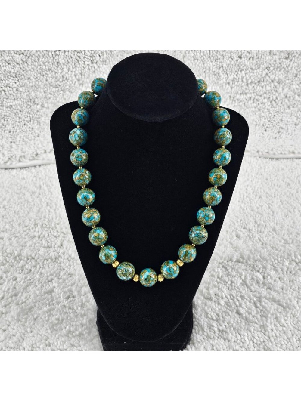 Turquoise Color Mosaic Stone Bead Statement Necklace Gold Tone 18-20"